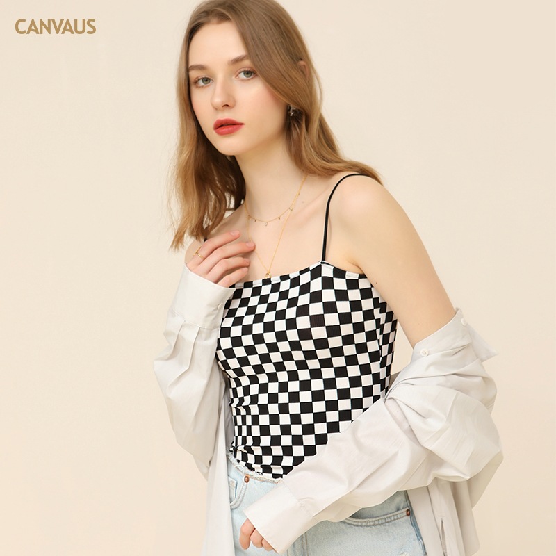 Canvaus Summer New Style One-Line Collar Camisole Women's Inner Wear Slim Checkerboard Sexy Short Top Wholesale
