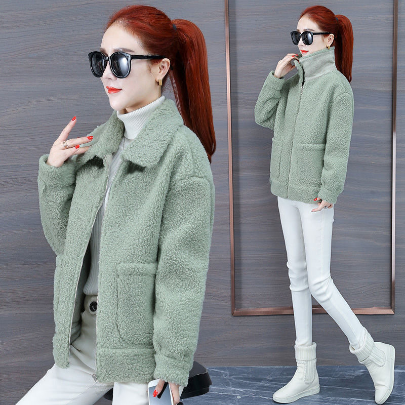 Double-layer collar faux lamb wool fleece-lined thick cardigan sweater women's autumn and winter hooded Korean style versatile slim-fit slimming coat