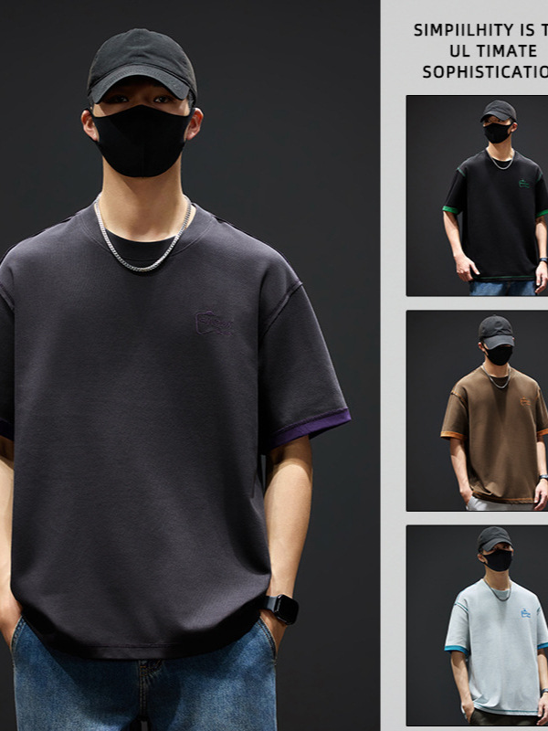 Factory Direct Sales 2026 Summer New Style Round Neck Patchwork Short-Sleeve T-Shirt Men's American Trendy Brand Heavyweight Half-Sleeve Clothing