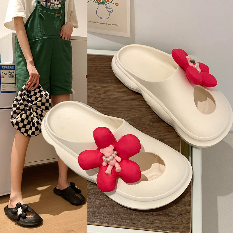 Stomp Feeling Rainbow Flower Korean Slippers Summer Women's Soft Bottom Non-Slip Flat Sandals Lightweight Outer Wear PVC Slippers