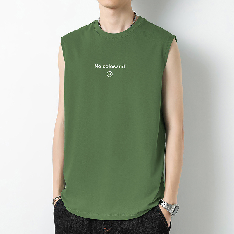 Men's Vest Pure Cotton Sleeveless T-Shirt Summer Outer Wear Sports Waistband Wide Shoulder Fitness Basketball Letter Printed Sweatshirt