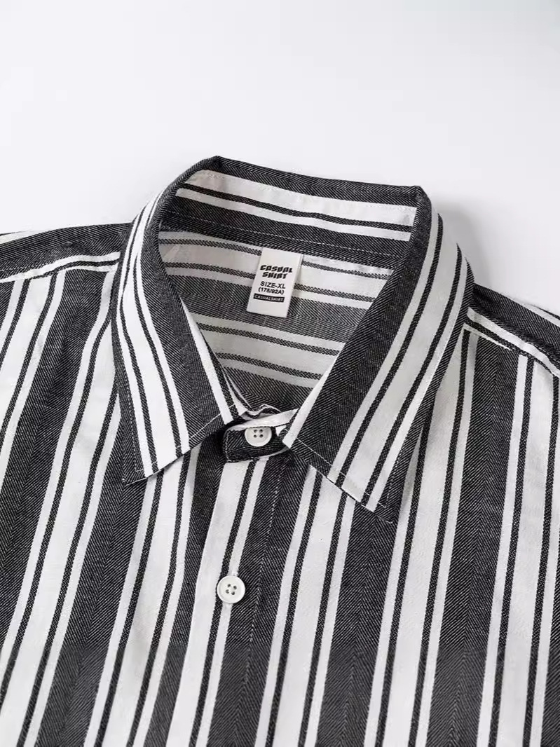 Viscose Linen Cotton Blend Striped Shirt Men's Long-sleeved Casual Splay Collar Black Red and White Men's Cardigan Top