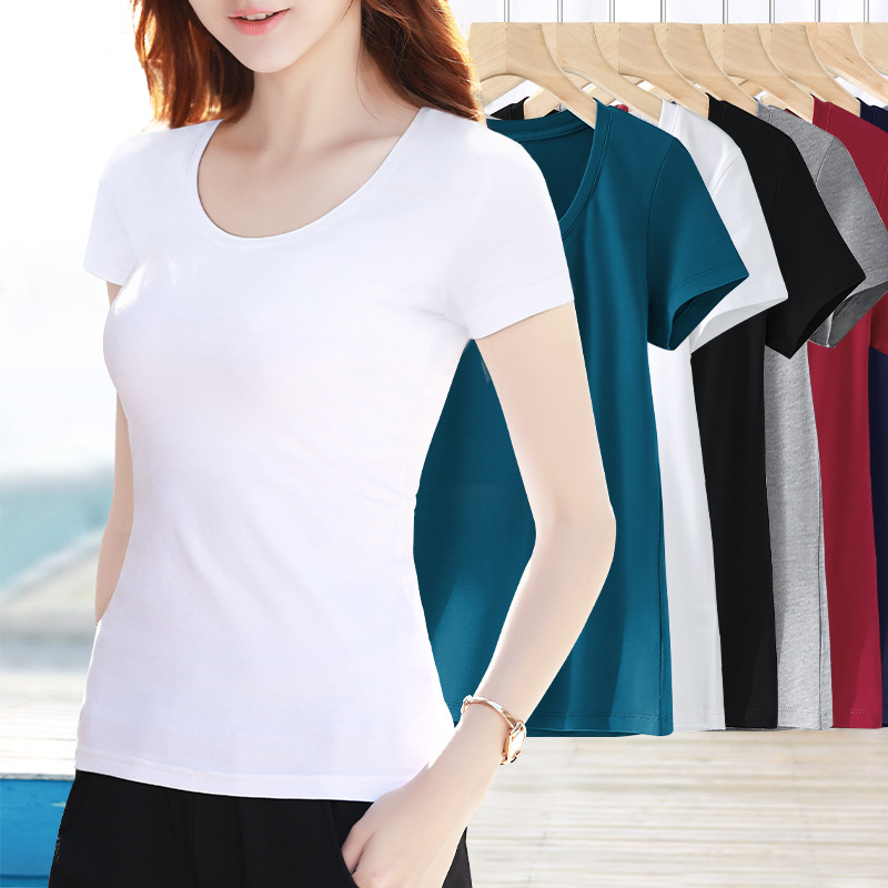 White T-shirt Women's Short-sleeved Cotton All-match Half-sleeve Low Round Neck Slim-fit Base Shirt New Style Black T-shirt for Summer