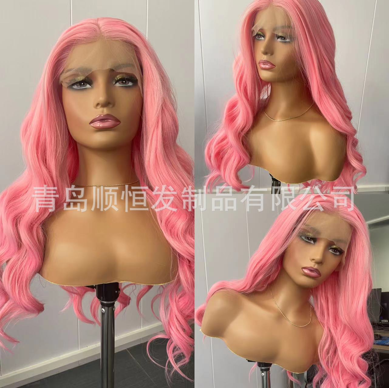 Wig Hat European and American Chemical Fiber Wig Front Lace Headgear Pink Wave Curly Hair Adjustable Mesh Cap Diniwi