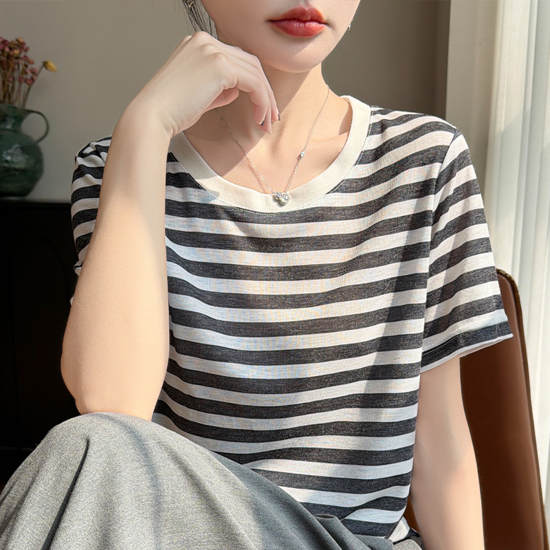 Cross-Border Wholesale Trendy Striped Thin Round-Neck Short-Sleeve T-Shirt for Women, New Summer Versatile Korean Style Half-Sleeve Fashion