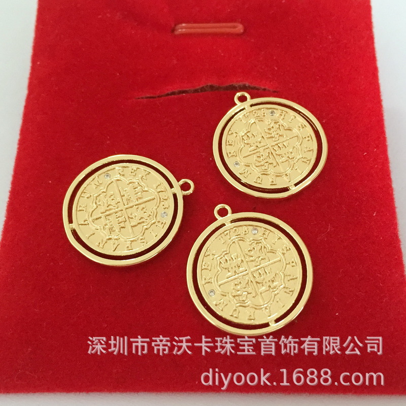 Copper Plated 14K True Gold 18mm Round Retro Pattern Gold Coin Pendant Gold Plated Color Pendant DIY Accessories
