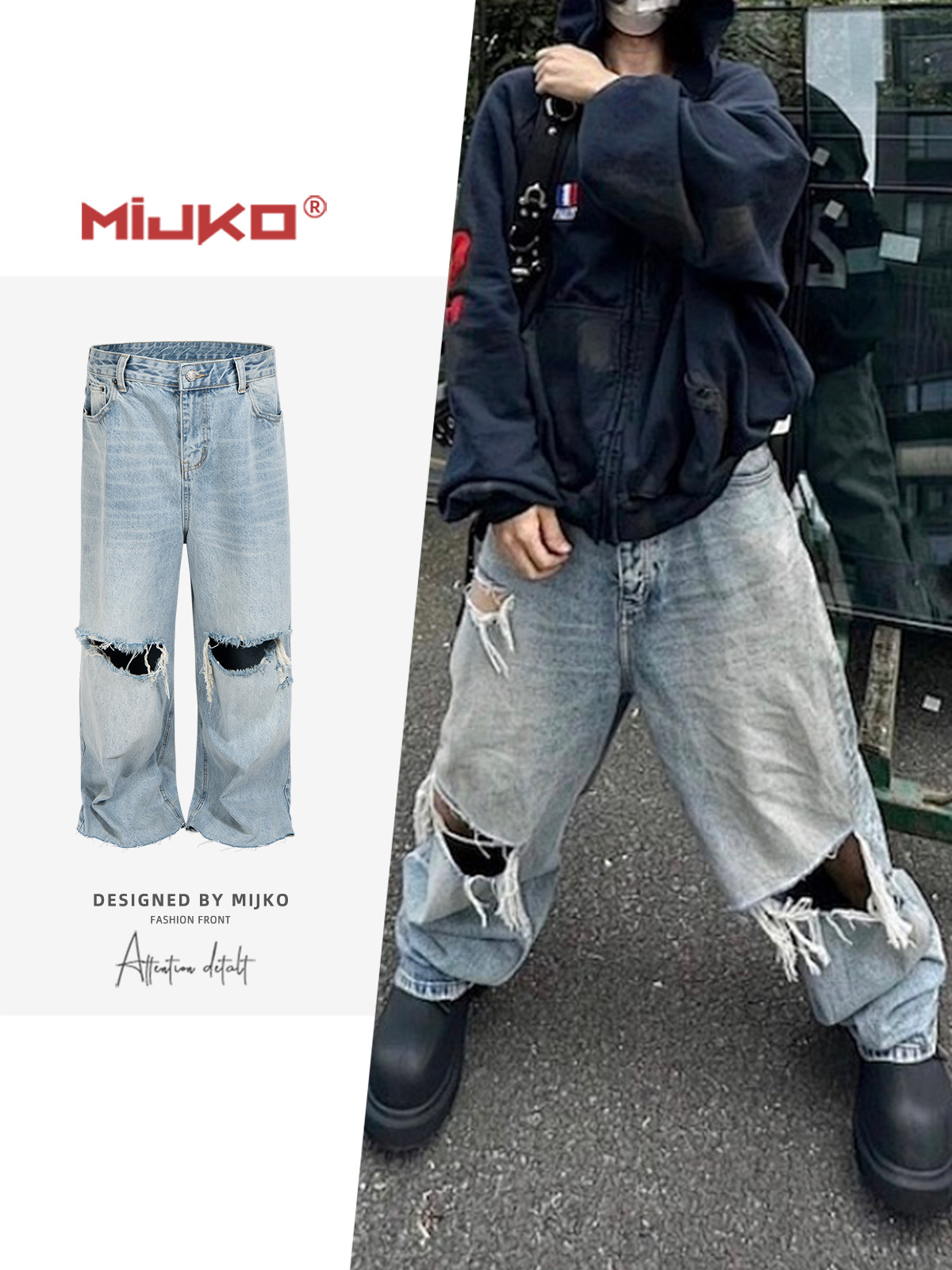 Mijko Men's and Women's Ripped Washed Fringed Jeans, Unisex Straight-Leg Washed Vintage Blue Pants, Multiple Sizes