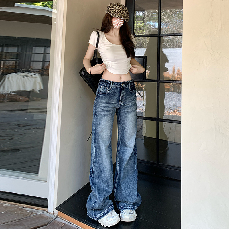 Heavy Craftsmanship Cat Whiskers Washed American Retro Jeans Floor-Length Loose Straight-Leg Flared Pants & Extra Long