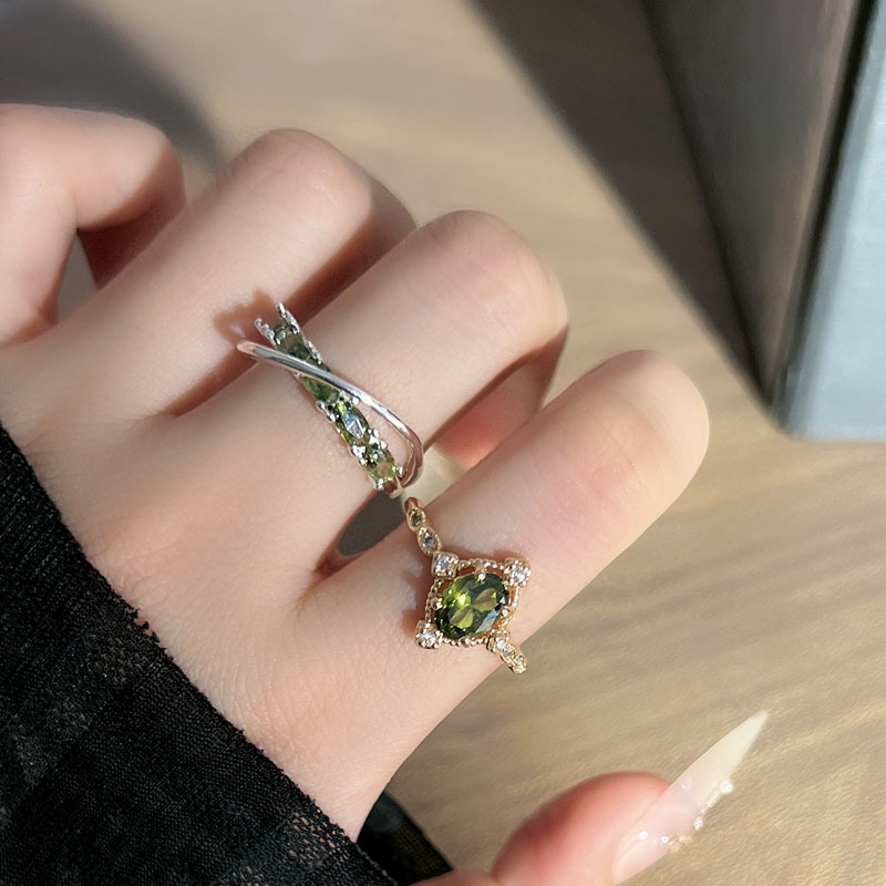 French High-End Design Olive Green Zircon Row Diamond Open Ring for Women Retro Exquisite Fashion Versatile Index Finger Ring