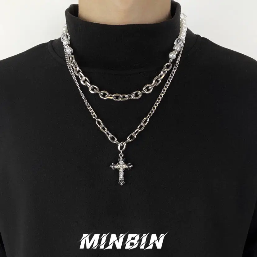 Titanium Steel Heavy-Duty Diamond-Encrusted Cross Necklace for Men and Women ins Hip-Hop Minimalist Style Pearl Sweater Chain Trendy Double-Layered Stacking