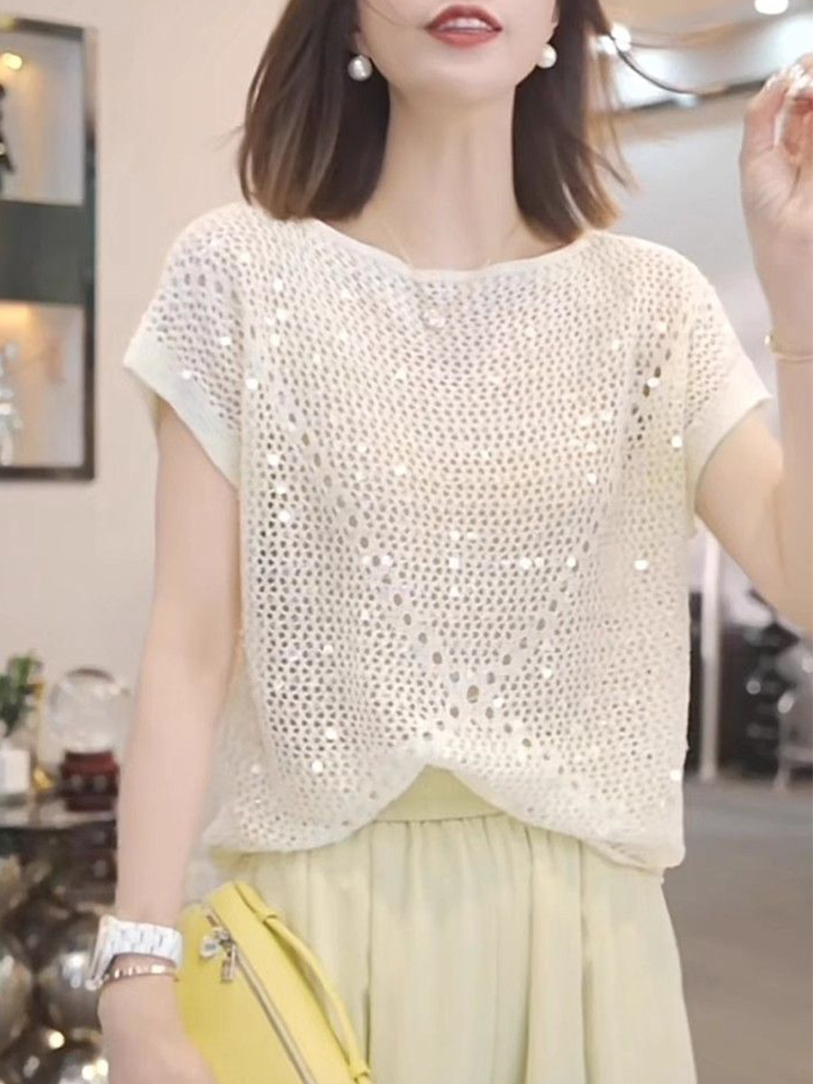 Hollow Design Sequined Ice Silk Knitwear Short-Sleeved Women's Summer Exquisite and Super Good-Looking Fashionable Outer Top