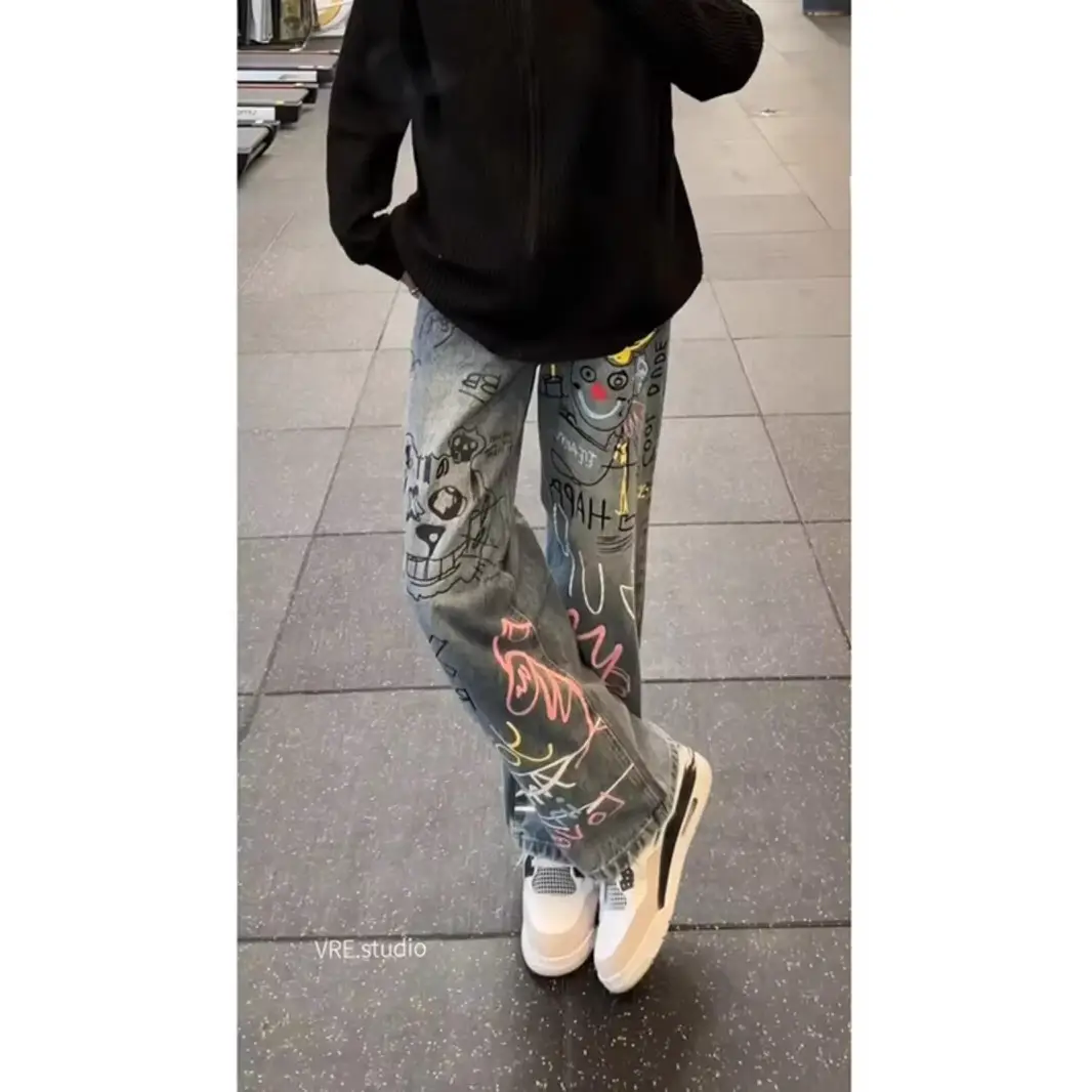 American-style High Street Hand-painted Graffiti Jeans Men's Spring and Autumn Niche Design Sense Pants Straight Slim-fit Micro-pull Pants