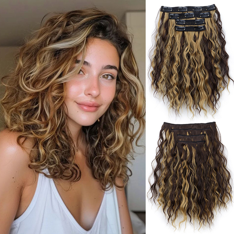 Cross-border foreign trade 4-piece card hair water ripple wig hair patch short roll ripple Wavy wholesale in stock