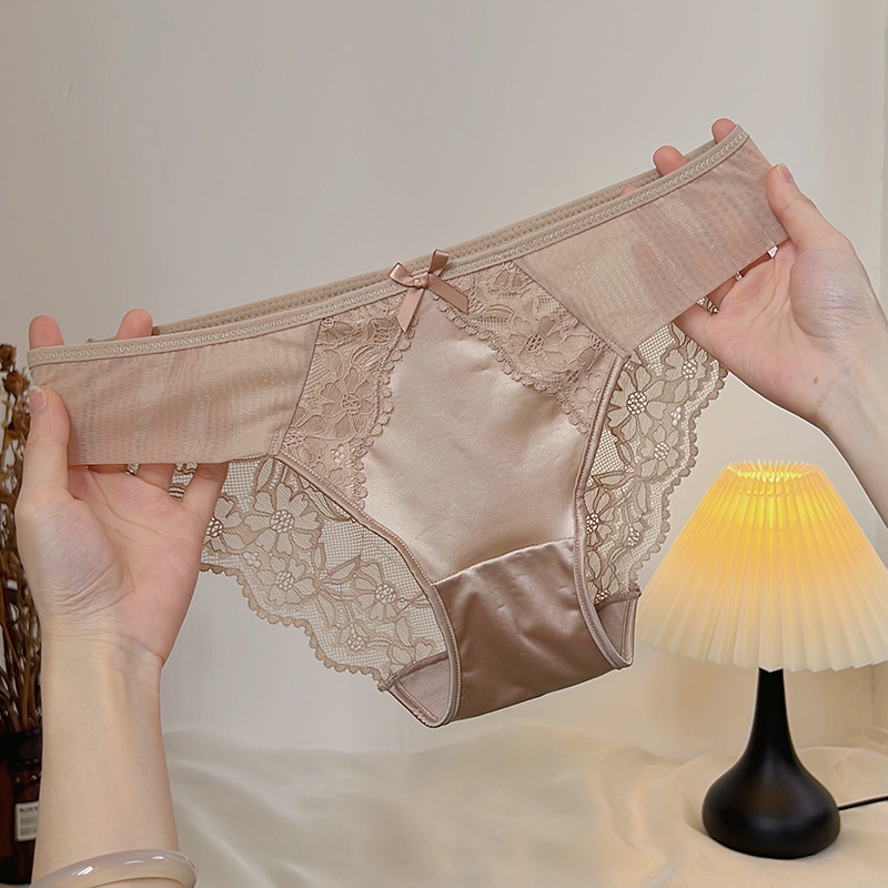 New French Lace Panties, Pure Desire Style, Breathable and Sexy Satin Low-Waist Hip-Hugging Women's Briefs, Pure Cotton Crotch Panties