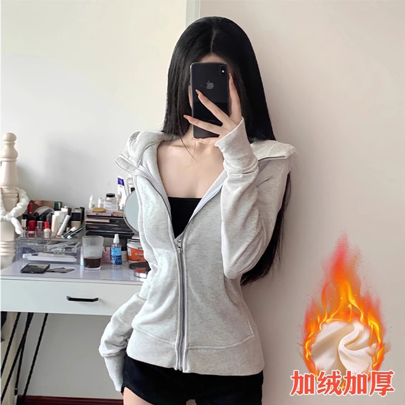 Jimo Sweatshirt for Women 2025 Autumn and Winter New Slim-Fit Yoga Wear for Petite Figures, Hooded Top with Fleece Cardigan Jacket