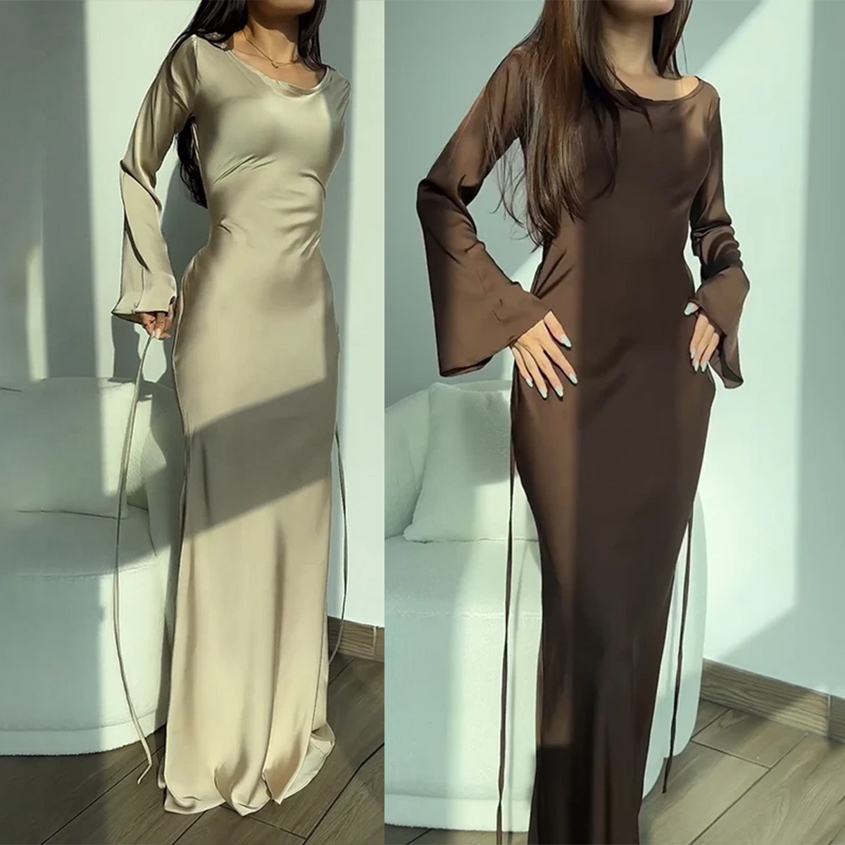 2025 Spring and Summer Cross-Border Women's Pure Color Round Neck Long-Sleeved Lace-Up National Style Lazy Style Waist Dress for Women