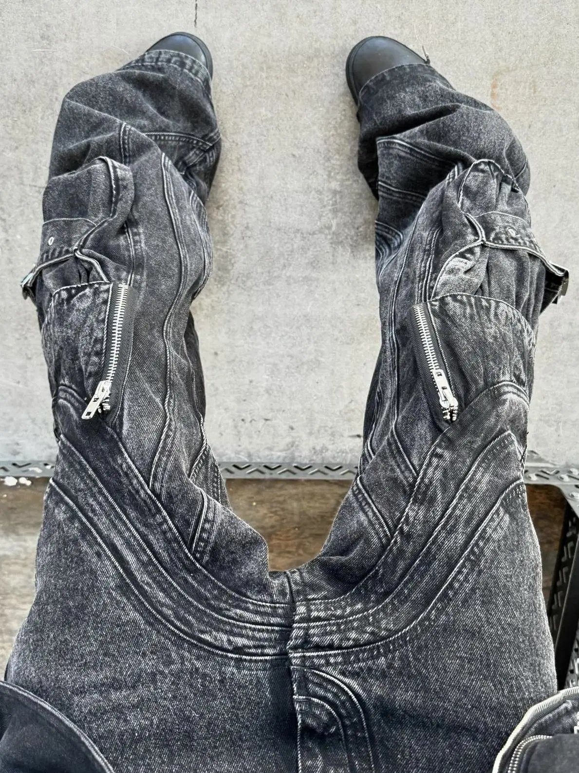 No Faith Studios Multi-Flap Pocket Pants Wavy Ripple Black Washed Pants Stereo Cut Work Jeans