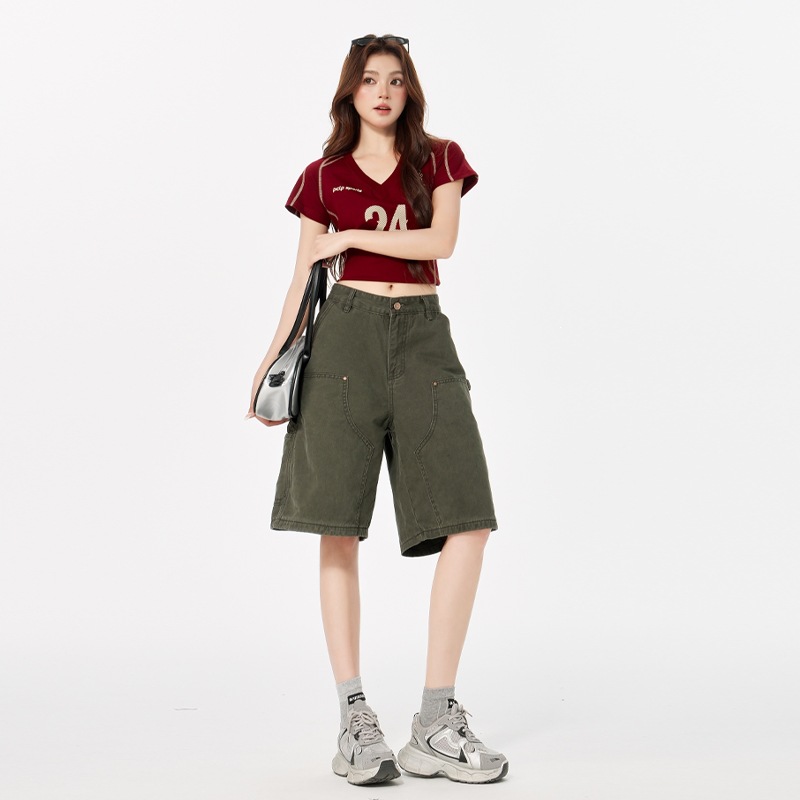 Army Green Multi-Pocket Workwear Denim Shorts for Women, Summer Casual Workwear Shorts, Loose Wide-Leg Mid-Length Shorts