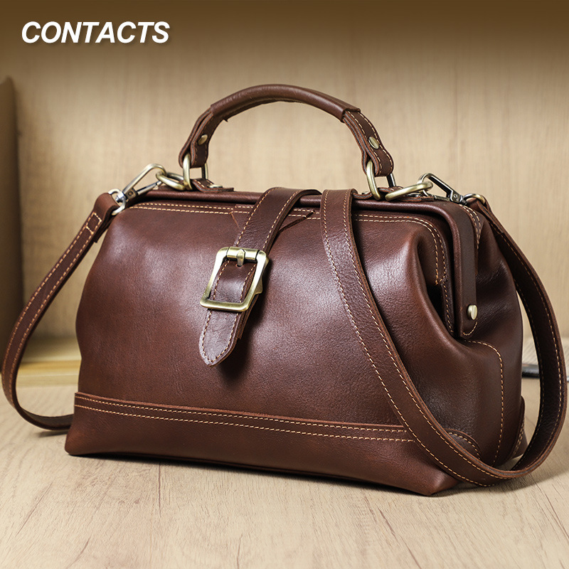 Black Angel First Layer Cowhide Dual-Purpose Women's Shoulder Crossbody Bag Large Capacity Women's Leather Handbag with Iron Hinge