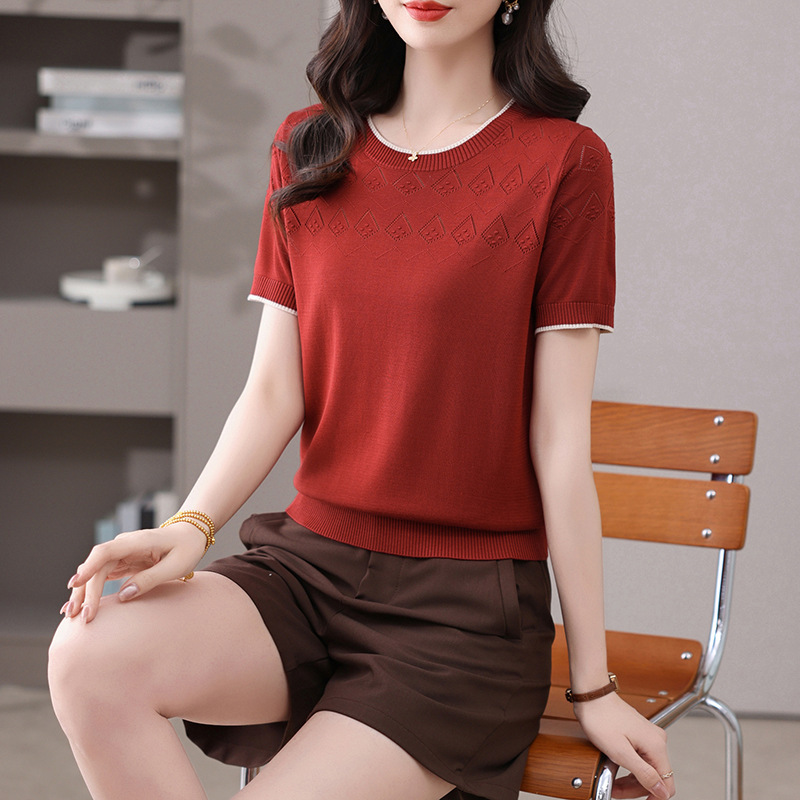 2025 New Versatile Summer Fashion Loose Slimming Tops Thin Knitwear Solid Color Short-Sleeve T-Shirt for Women