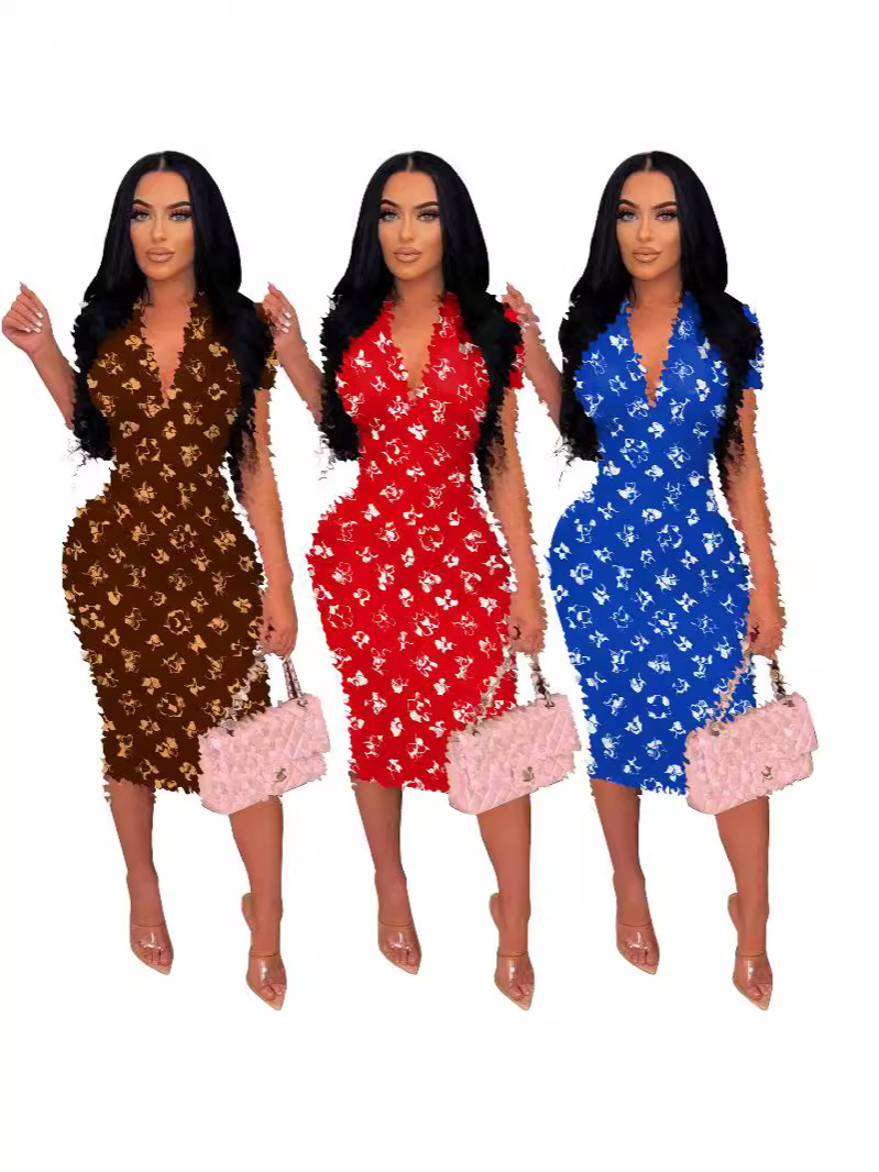 Y71325 Quanzhou European and American Women's Clothing Amazon AliExpress Casual Printed Deep V Hidden Zipper Short Sleeve Dress