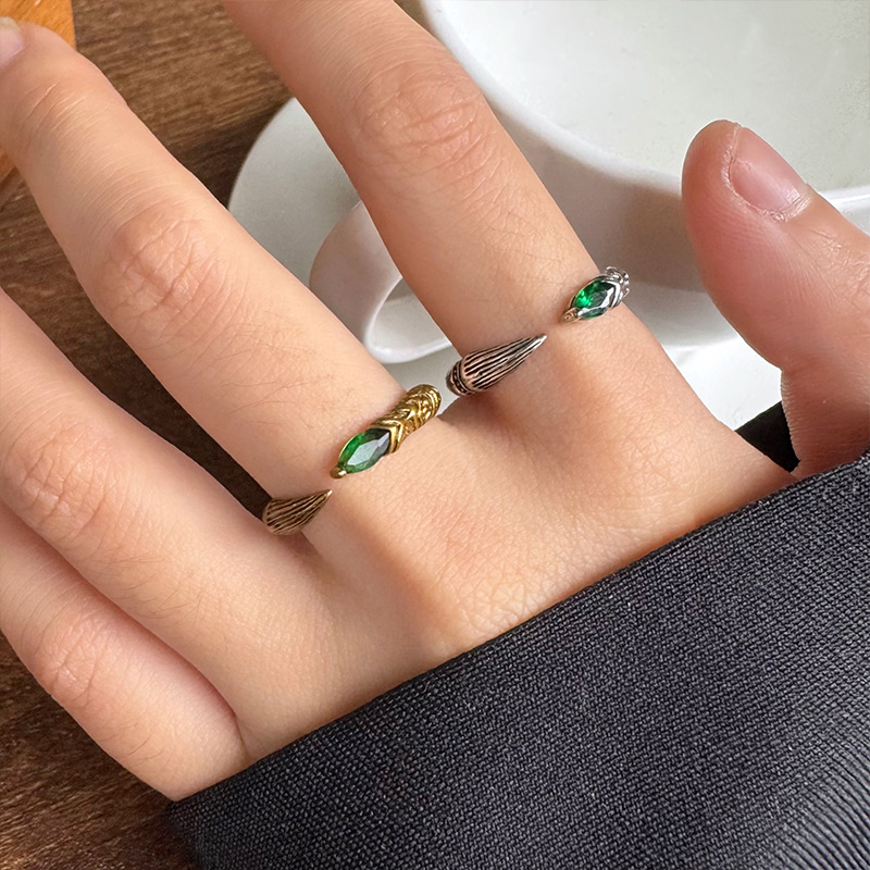 Lan Zhi Mountain and River Pen Ring Totem New Chinese Style Jewelry for Women, Unique Design Open Green Zircon 925 Silver Ring