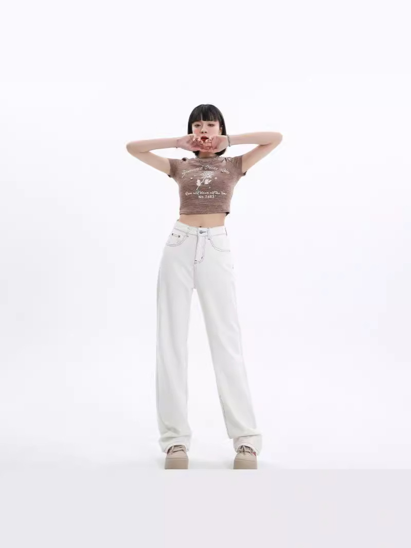 Spring and Summer Drapey White Jeans for Women, Petite Narrow Fit, Visible Seam Straight-Leg Wide-Leg Soft Pants, High-Waisted and Slimming