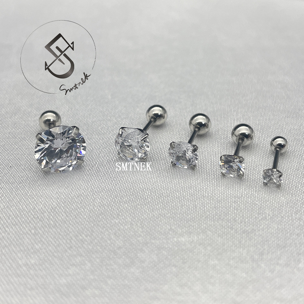 Smtnek Titanium Steel Stainless Steel High-Gloss Transparent Four-Claw Zircon Earrings Ear Bone Nails Retro Simple Earrings
