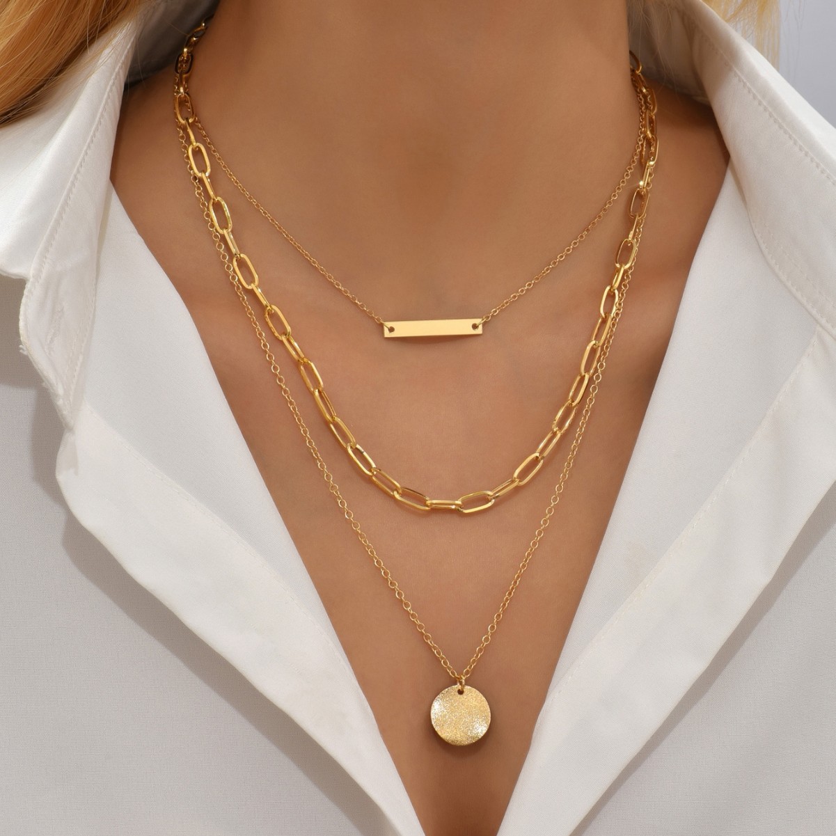 European and American Cross-border 18K Gold Simple Frosted Small Gold Necklace Paper Chain Stacked suit Clavicle Chain 3-piece Set