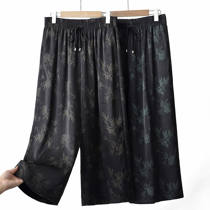 Silk Satin Chinese Style Printed Wide-Leg Pants for Women, Summer Thin Cool Pants, Drapey Petite Cropped Casual Straight-Leg Pants for Women
