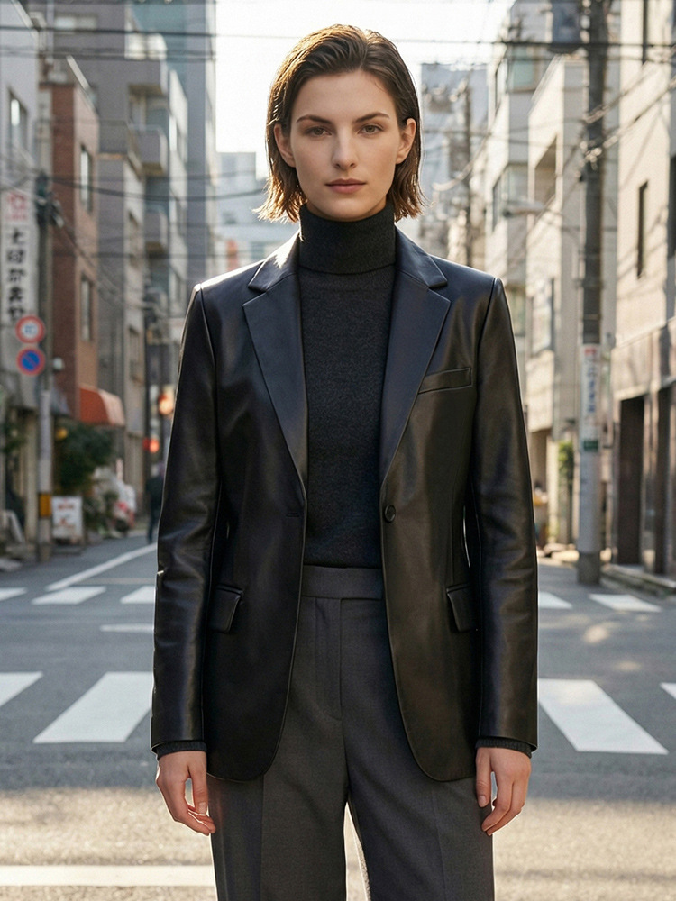 Genuine Leather Jacket for Women, Mid-Length, 2026 Spring and Autumn New Style, Suit Collar, H-Shaped Silhouette, Sheepskin Blazer