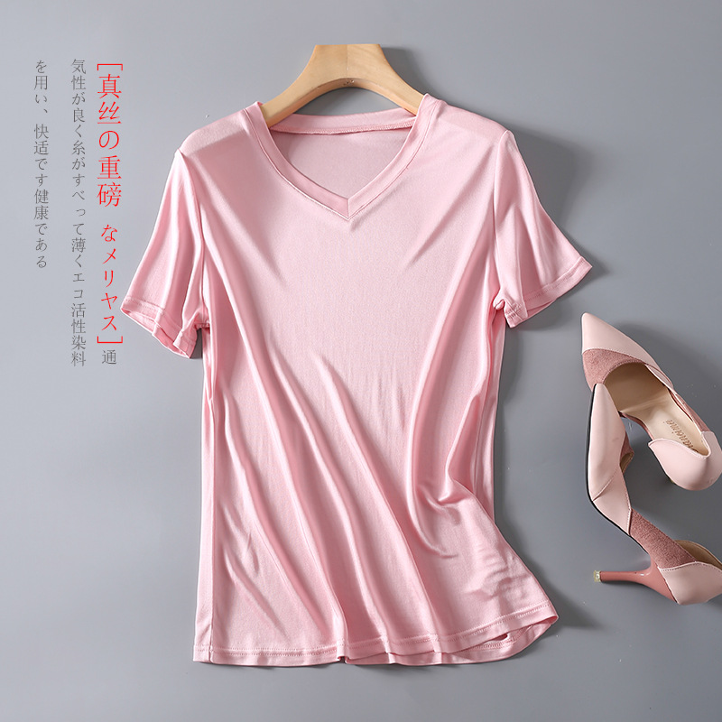 Summer New Silk Women's T-shirt Short-sleeved Fashionable V-neck Mulberry Silk Base Shirt Solid Color Knitted Slim-fit Top