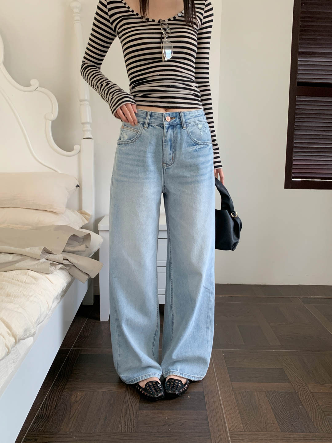 Gagd Narrow-Fit Slimming Light Blue Low-Saturation Straight-Leg Jeans for Women ~ Korean Style Workwear Ripped Jeans That Make Legs Look Straight