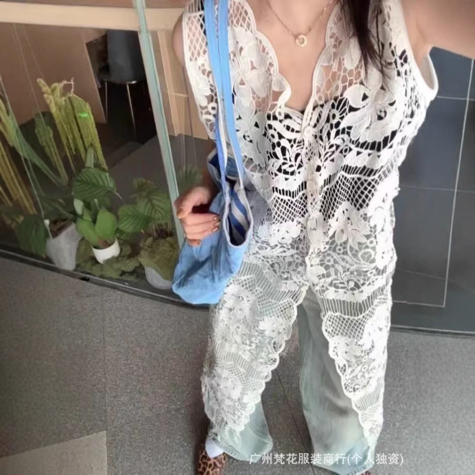 2025 Hollow Blouse Knitted Sling dress Women's Summer Loose Overlay Blouse Seaside Vacation Sleeveless Vacation Skirt