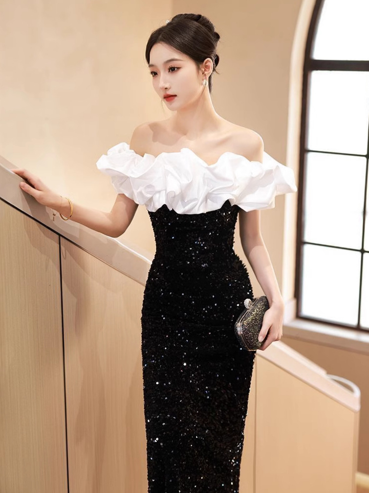 High-end Light Luxury French off-shoulder Socialite Party Evening Dress Long Dress Sequin Velvet Fishtail Slim-fit dress