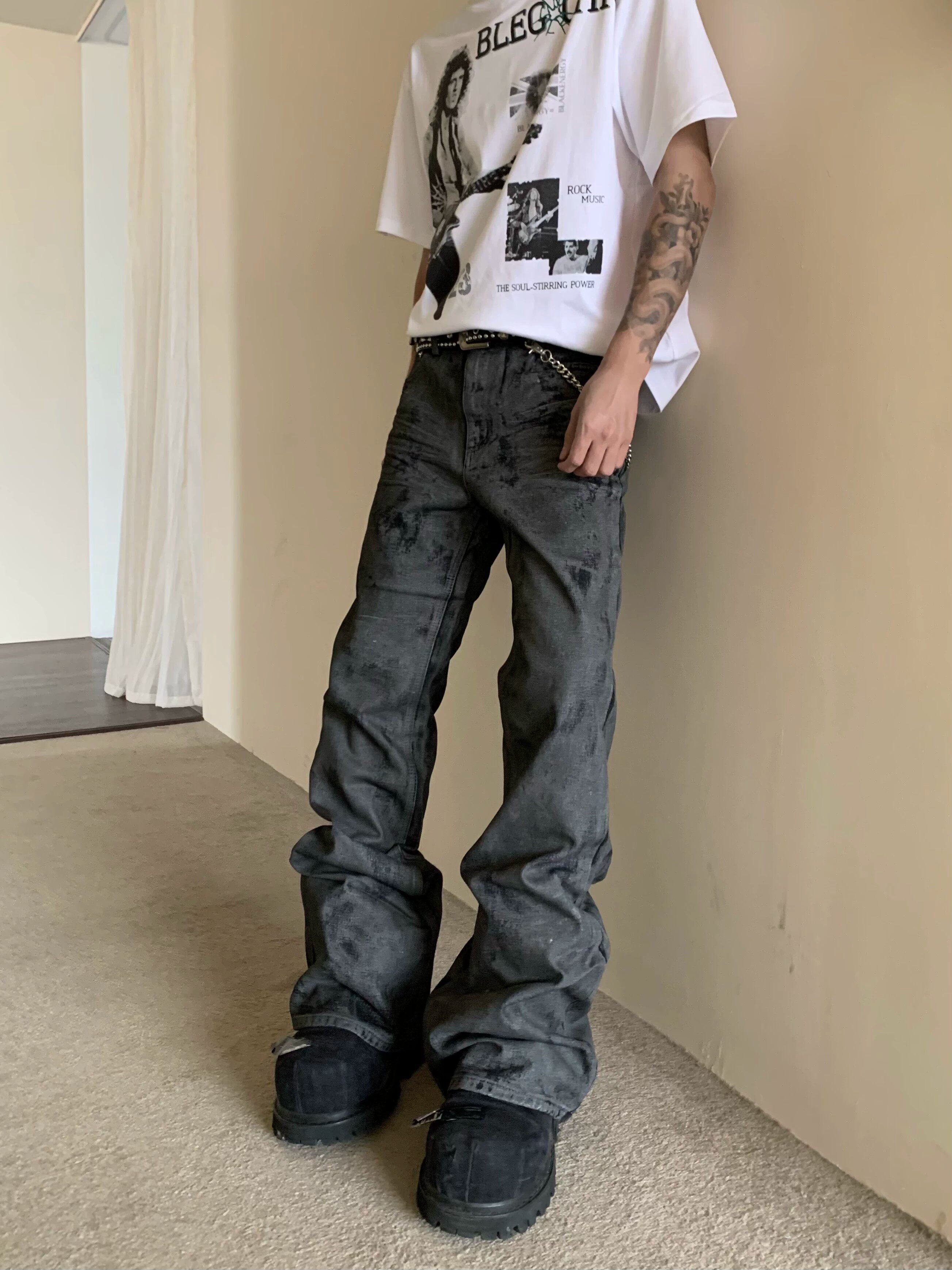 American Retro Handmade Wax-Coated Washed Flared Jeans for Men and Women, Clean Fit Loose Stacked Casual Pants QC-Foto von TAOBAO auf Qualit.ly