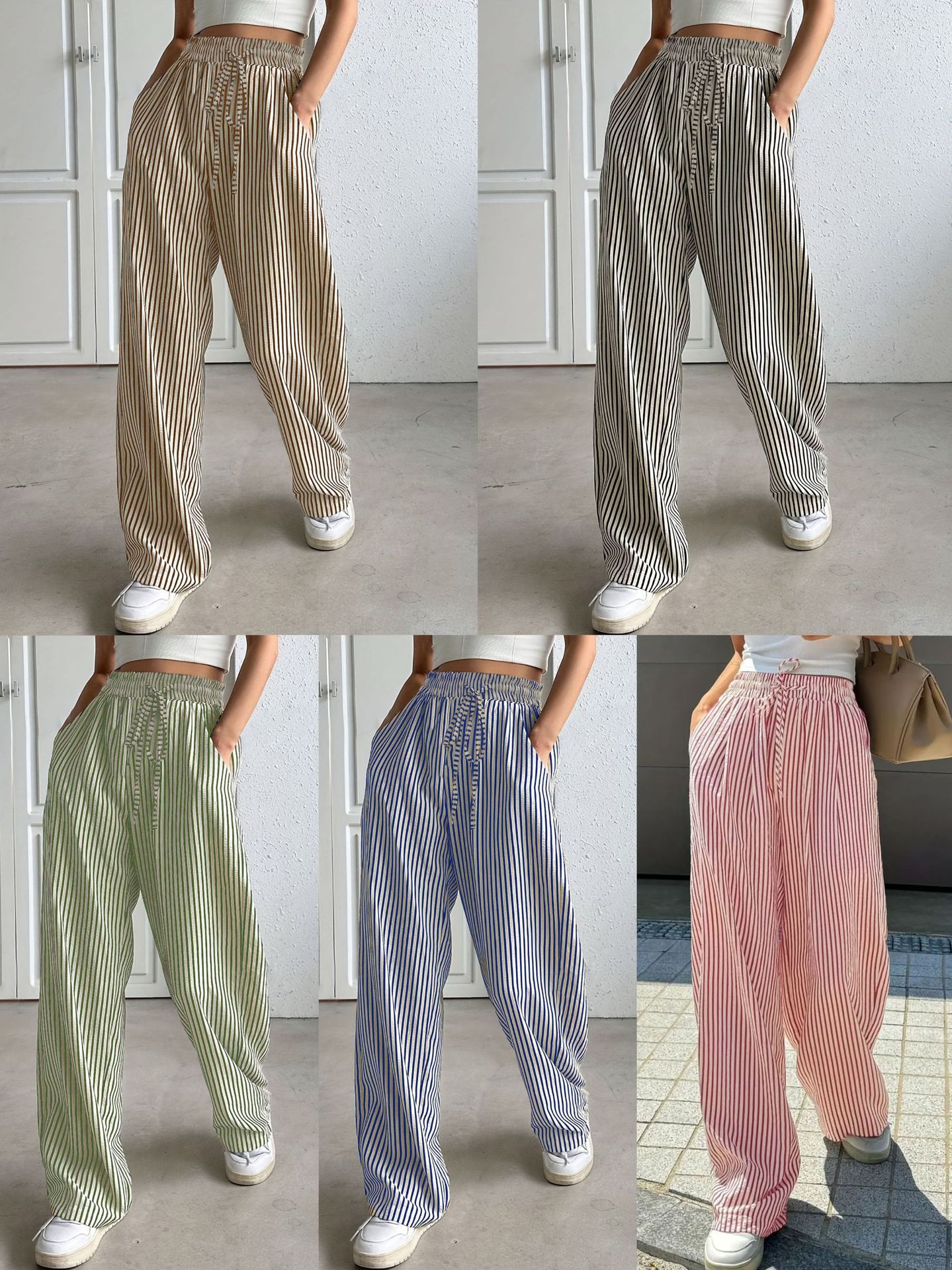 European and American Cross-Border Export Custom Women's Popular Independent Station Shein Amazon Stripesd Casual Pants Straight Pants