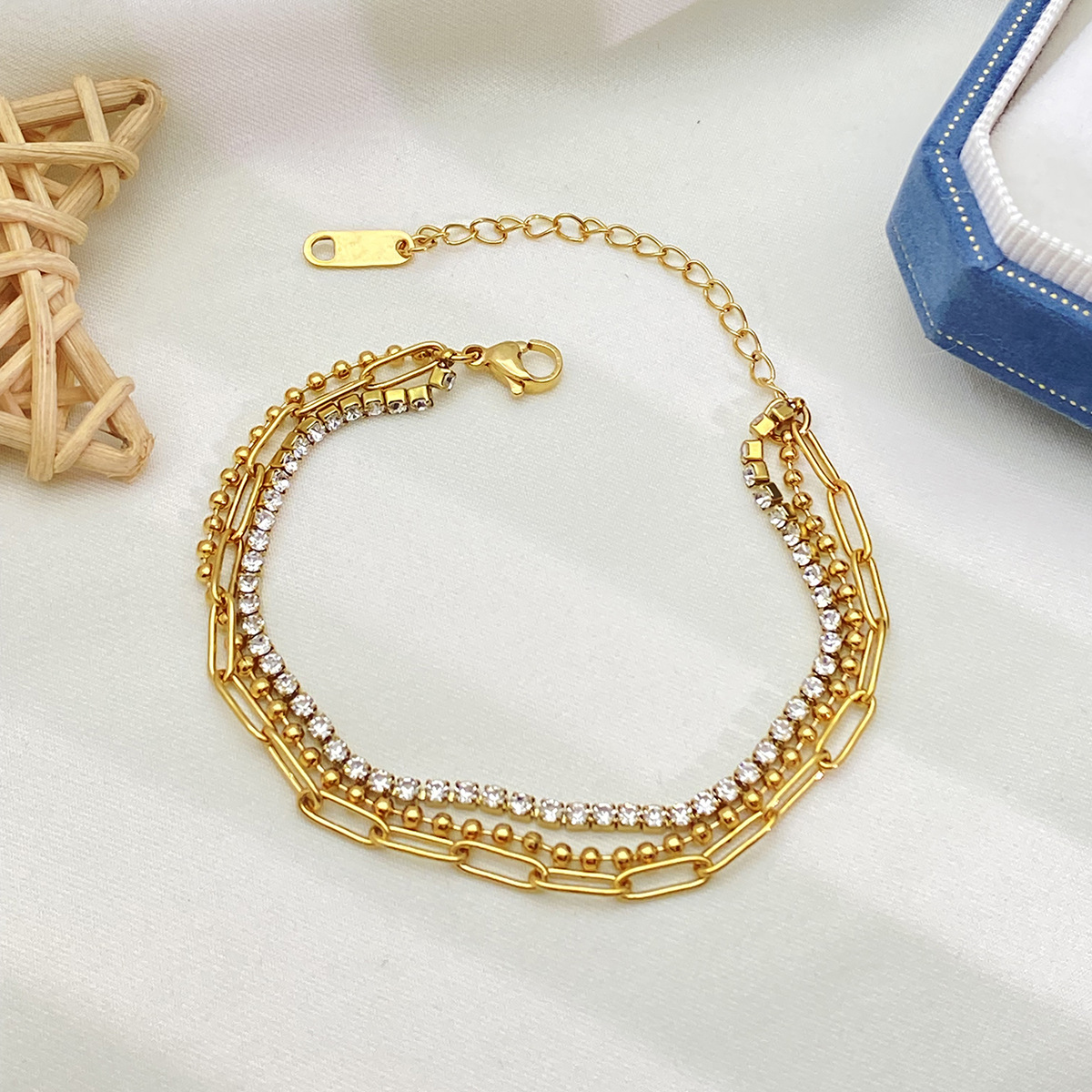 Fashionable and Trendy Design Stainless Steel Paperclip Chain Double-Layer Mesh Crystal Bracelet Anklet Versatile Accessory