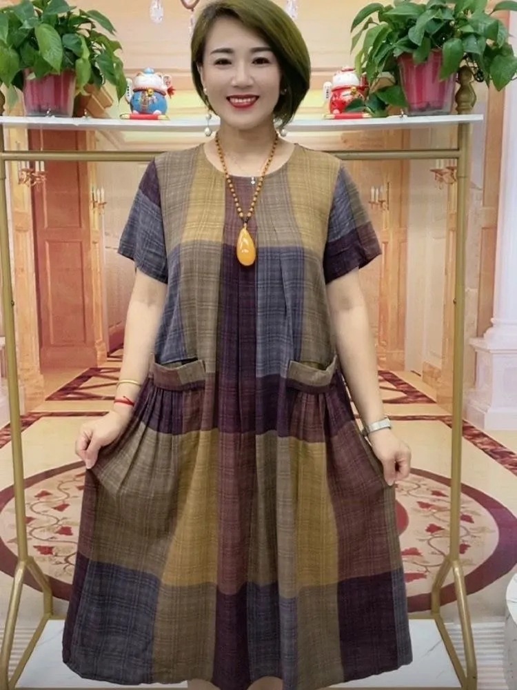 Plaid Cotton and Linen Double Pocket Large Summer Dress 50 to 60 Years Old High-end Women's Dress for the Elderly