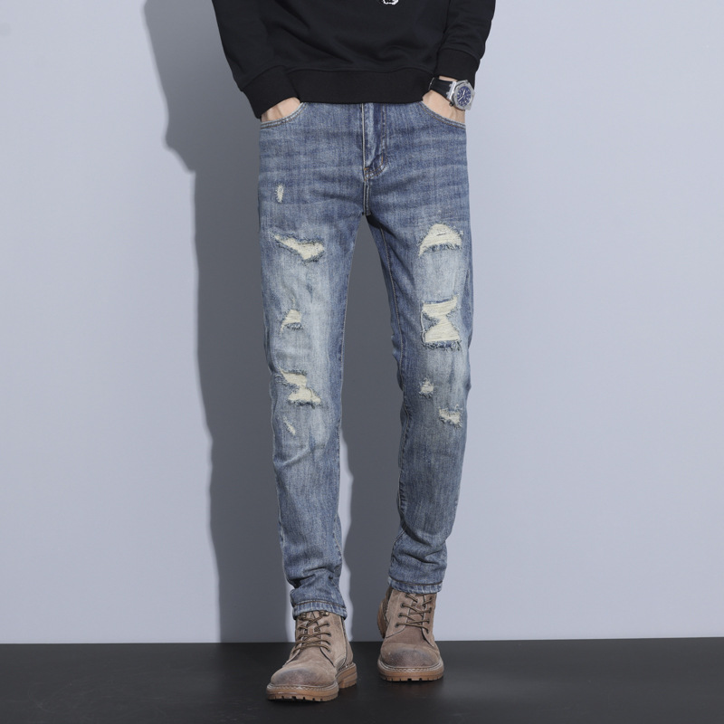 New Retro Stressed Ripped Jeans Men's Casual Comfortable All-match Slim-fit Straight Leg Denim Trousers for Men
