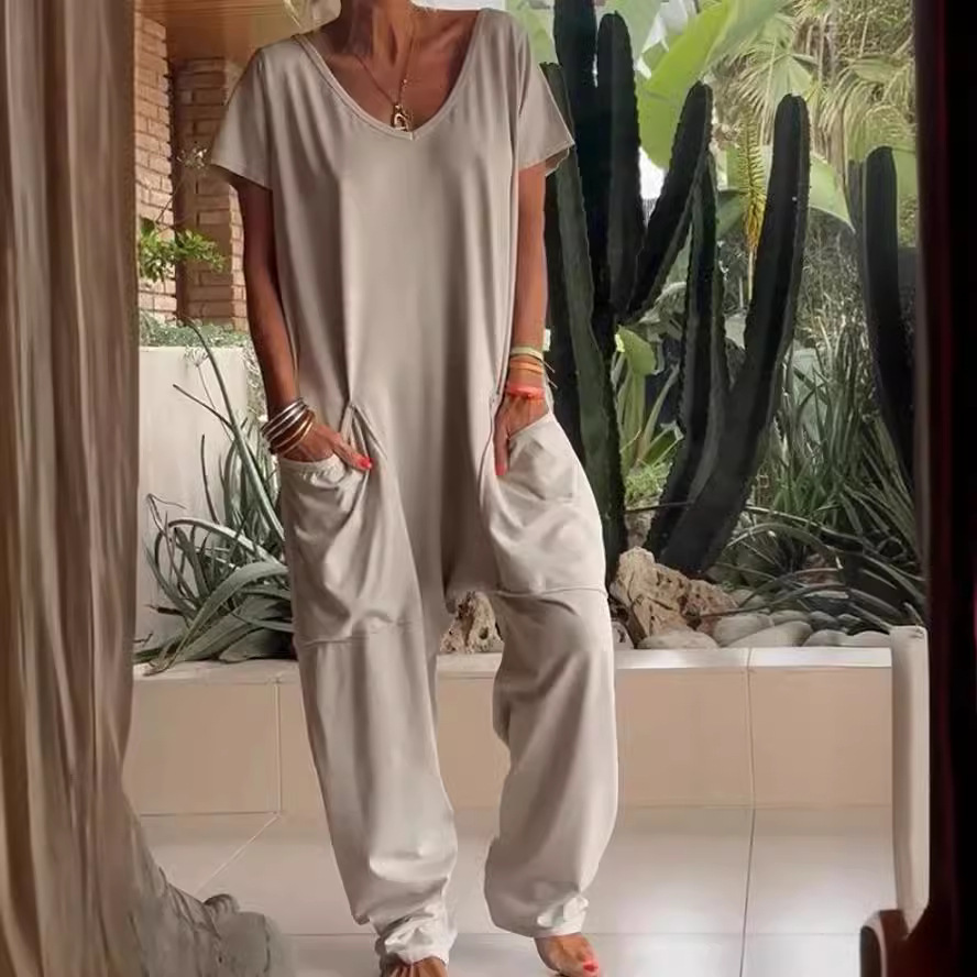 2026 Spring/Summer European and American Cross-Border Amazon Women's Clothing Independent Site Solid Color Oversized Pocket Low-Cut Elegant Jumpsuit for Women