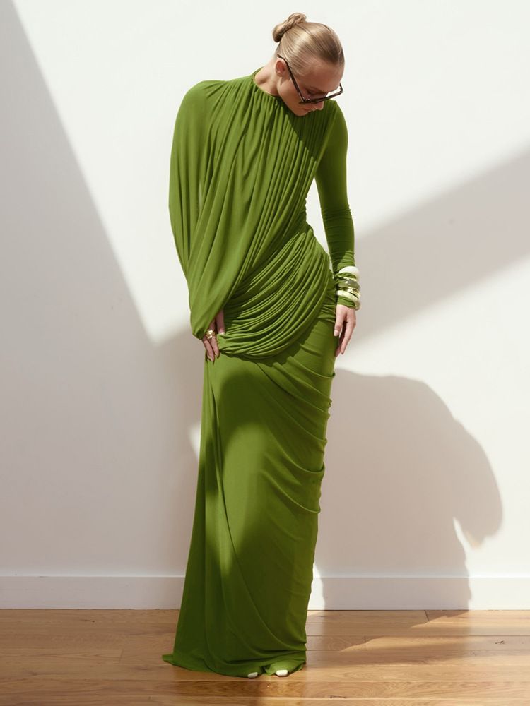 In stock | European and American Cross-Border Women's Fashion New Elegant Solid Color Long-Sleeve High-Waisted Slimming Long Mustard Green Bodycon Dress for Evening Events