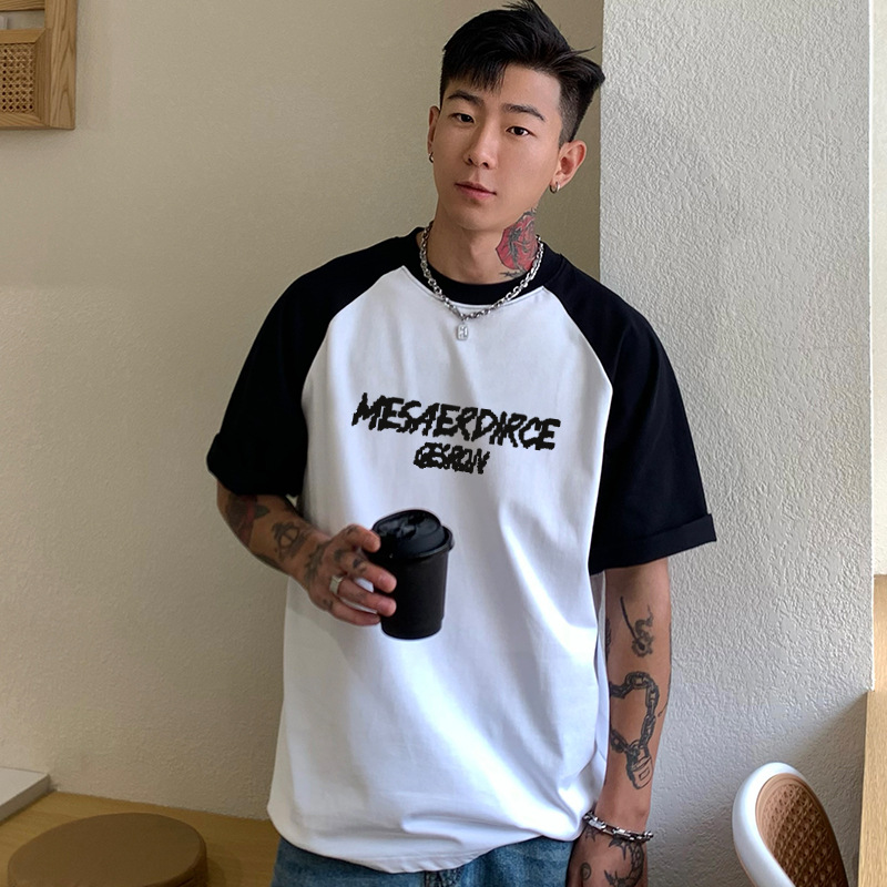 Japanese Style Contrast Color Stitching Long-sleeved T-shirt Men's Autumn Loose Plus Large Size Pure Cotton Base Shirt Crewneck Top Trendy