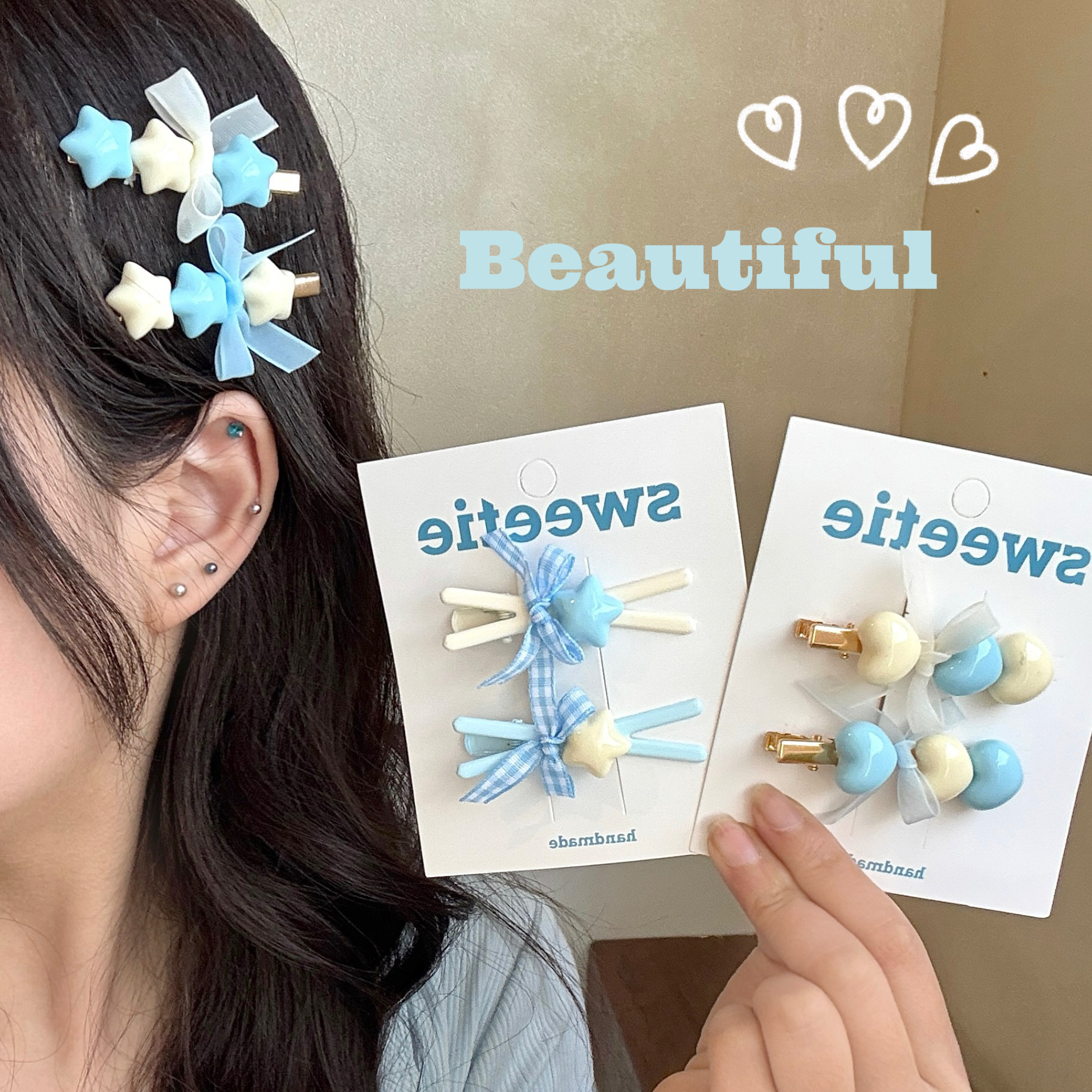 Milk Blue Sweet Bangs Clip, Girly Forehead Hairpin, Side Clip, Super Fairy-Like Bow Hairpin, Duckbill Clip