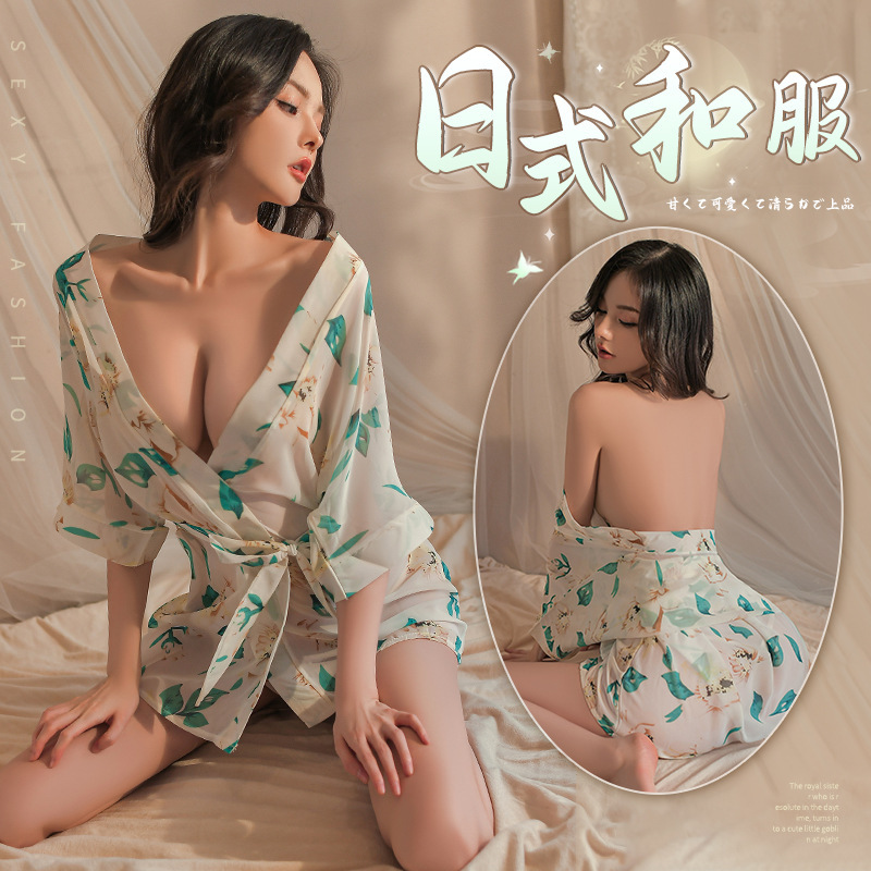 Manyan sexy lingerie sexy chiffon printed transparent nightdress suit Japanese kimono bathrobe 1827