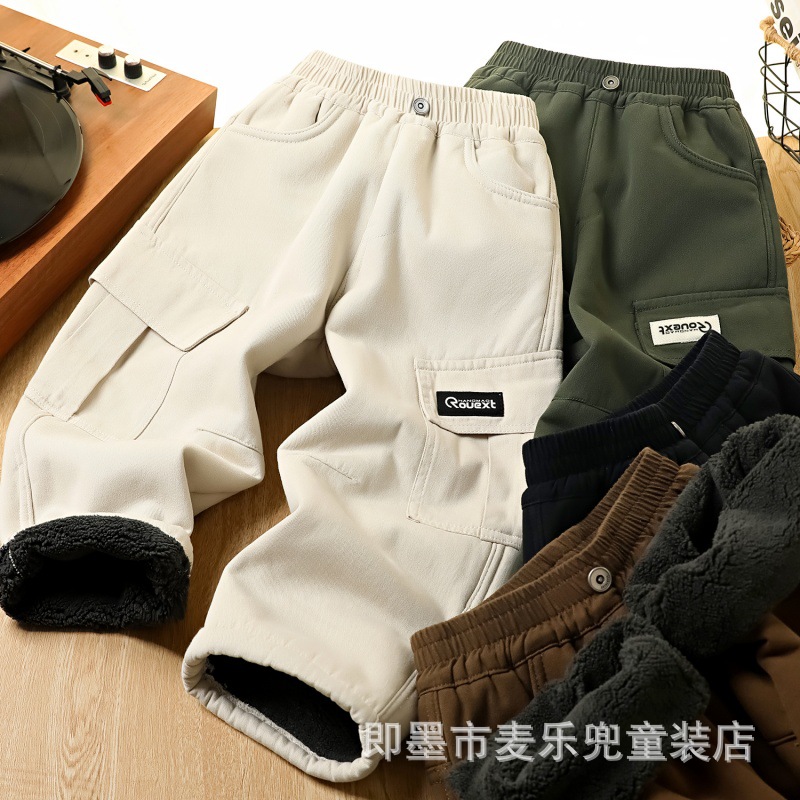 Children's Winter Fleece-Lined Pants for Older Boys, Cargo Straight-Leg Warm Pants, Parent-Child Youth Long Pants Lv1150