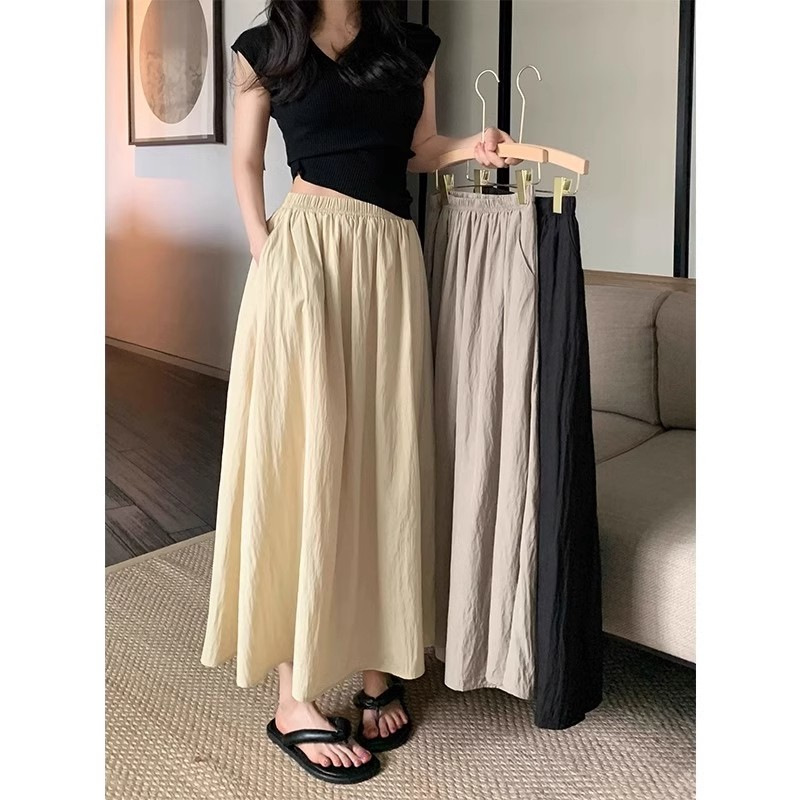 Pleated Mid-Length Skirt for Women Summer 2025 New Retro High-Waist Slim Elastic Waist A-Line Skirt Umbrella Skirt