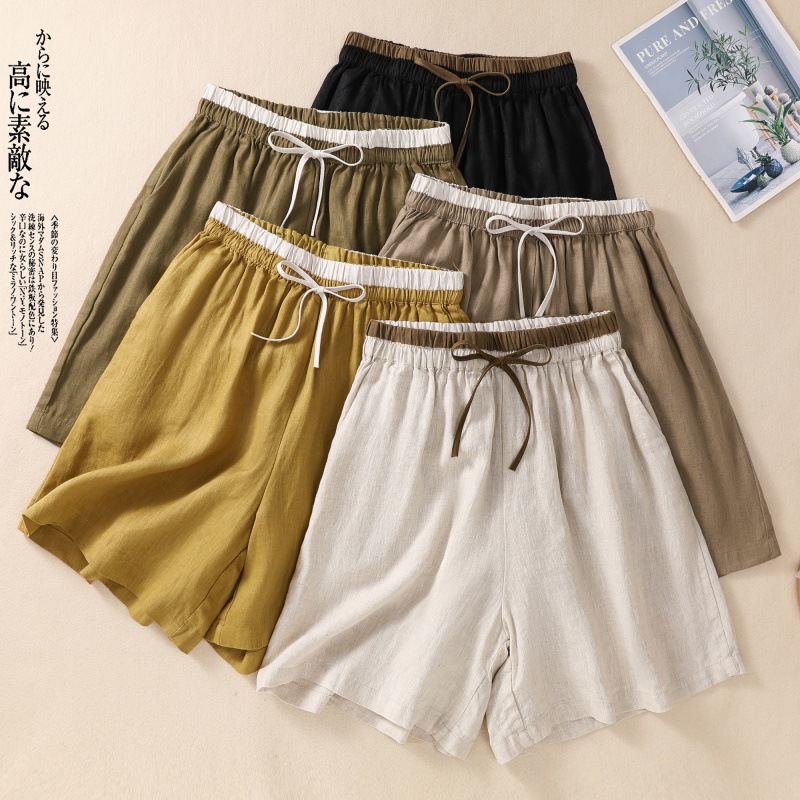 5-Color Patchwork Lace-Up Elastic Waist Versatile Cotton-Linen Wide-Leg Shorts Women's 2026 New Loose Casual Knee-Length Shorts