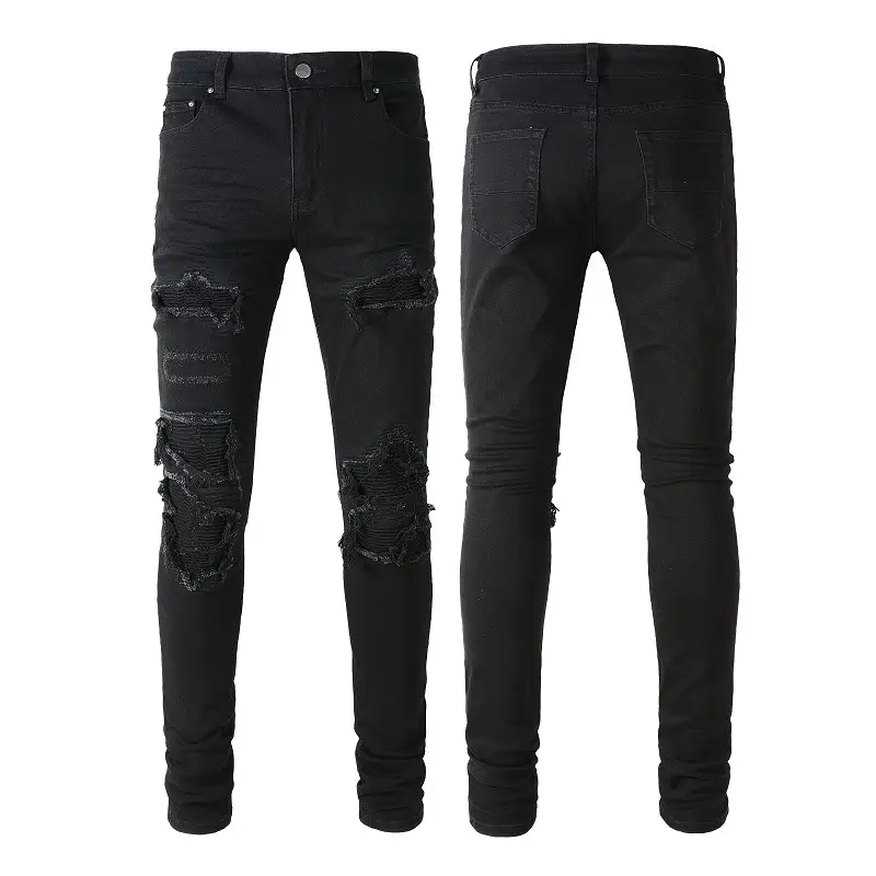 Cross-border black patched men's jeans men's street broken vintage slimming pants wholesale ripped pants