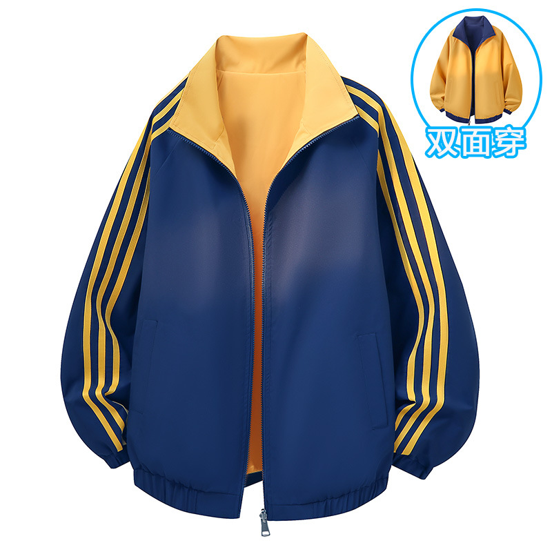 Trendy Double-Sided Stand-Collar Jacket for Men, Spring and Autumn Casual Sports Coat, Striped Loose Top